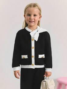 Maija Kids Maija Kids 2件套少女蝴蝶结装饰撞色开衫和裤子套装 - 黑與白 - 查看 3
