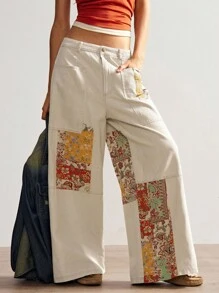 Bohemela BOHO 女式西部牛仔风格音乐节花卉休闲度假梭织拼布直筒裤阔腿裤，前扣口袋，西部复古乡村风格度假，适合夏季/秋季/冬季 - 彩色 - 查看 7