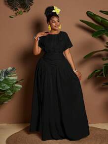 Maweii Vestido elegante de manga corta con cuello redondo y pliegues, adecuado para fiestas y vacaciones, talla grande - Negro - Ver 3