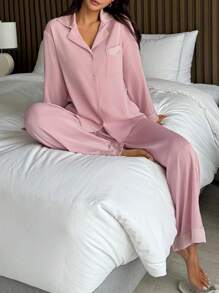 DAZY 女士缎面拼接翻领长袖上衣和裤子睡衣套装，秋季服装 - 粉色 - 查看 6