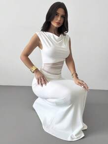 Firerie 全新夏季女式优雅淑女度假旅行浪漫约会白色无袖腰部透明网眼荷叶边鱼尾连衣裙 - 白色 - 查看 7