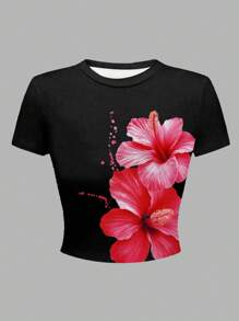 SHEIN Teen Girl Floral Print Cropped Fitted Round Neck T-Shirt, Suitable For Summer - Black - View 3