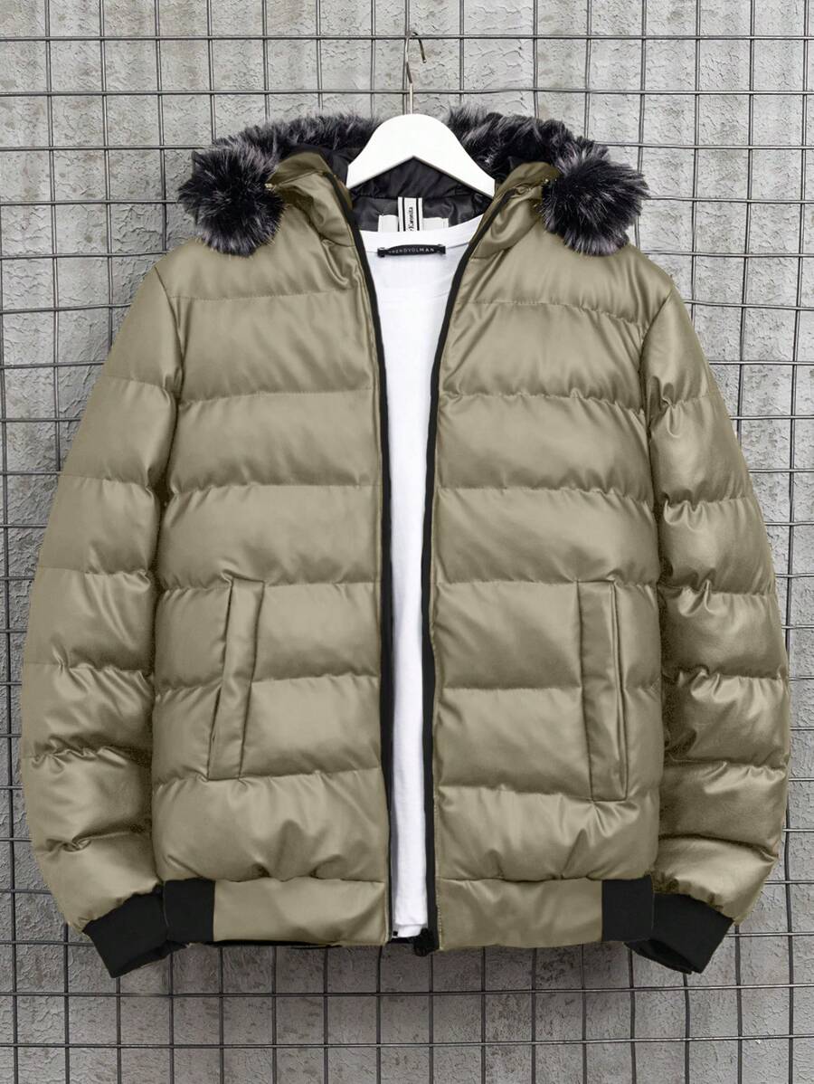 EURMUSE Giacca casual da uomo con cappuccio e chiusura a chiusura lampo, manica lunga, tasche, in velluto pied de poule - Cammello - Visualizzare 1