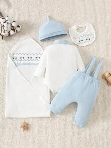 SHEIN 新生婴儿女孩/男孩可爱针织服装礼盒套装 5 件套 0-9 个月适合洗礼婴儿服装