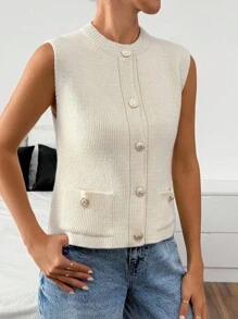 EURMUSE Women Solid Color Front Button Pocket Detailed Sweater Vest - Beige - View 4
