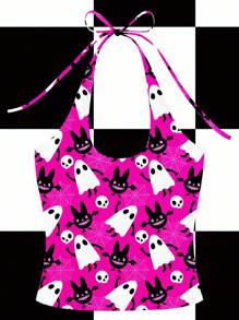 Shutterstock Women's Halter Neck Spaghetti Strap Fashion Summer Halloween Element Print Top Pink And Black Halloween Top Pink Ghost Top Halloween Rave Pink Rave Top Going Out Tops - Pink - View 5
