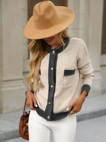 Brillora 女款撞色圆领长袖单排扣休闲针织开衫，女款针织开衫，双色开衫，休闲开衫，女款开衫，秋冬纽扣开衫 - 卡其色 - 查看 6