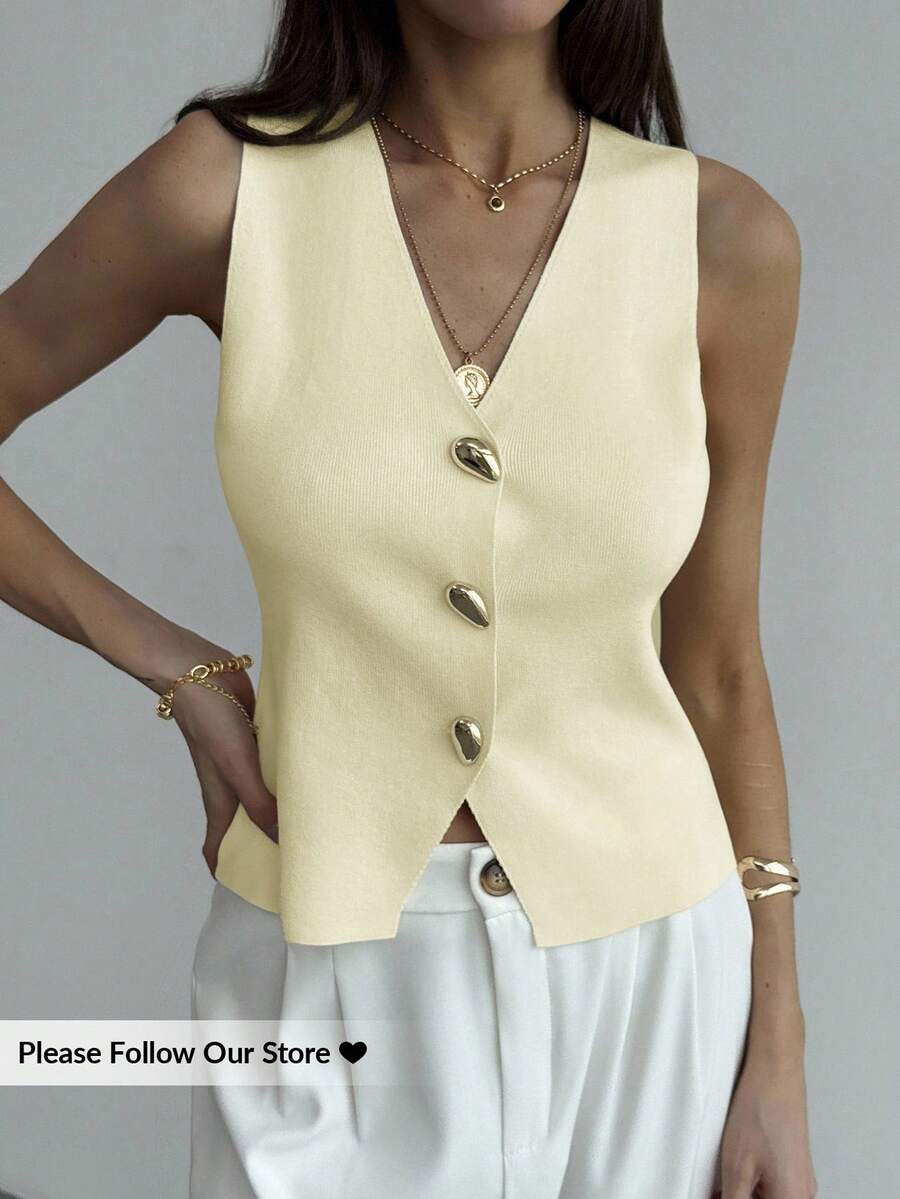 Aloruh 女士金属单排扣V领休闲针织背心 - Butter Yellow - 查看 1