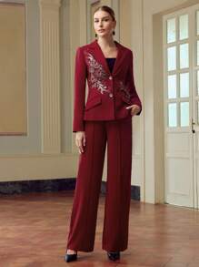 ZEYLAH 2pcs Elegant Red Embroidered Jacket & Pants Suit Set Fall Cloth For Women - Burgundy - View 4