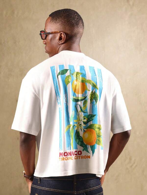 SUMWON Camiseta gráfica con estampado de cítricos de Monaco, de talla grande, casual de verano, para playa y vacaciones, de la colección Tropical Paradise, estilo streetwear con tema de cítricos