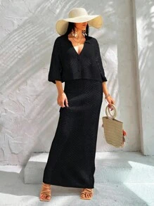 Women Shirt Blouse And Skirt Two Piece Outfit Cover Up Set For Summer Beach Vacation - Black - View 3