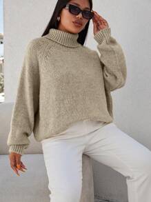 EURMUSE Plus Turtleneck Raglan Sleeve Sweater - Beige - View 4