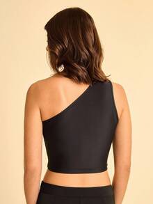 CAJUNI Women's Asymmetric Sleeveless Mesh Cropped Tank Top - Black - View 2