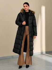 Cappotto imbottito lungo nero con vita regolabile con coulisse e bordo in pelliccia sintetica sulla cappuccio - Essenziale invernale per uno stile di strada confortevole. - nero - Visualizzare 3