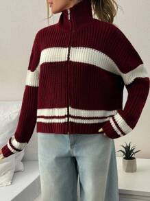 EURMUSE Women Stripe Pattern Rib Knit Zipper Detailed Drop Shoulder Cardigan,Long Cardigans Woman,Petite Cardigans,Cardigans - Burgundy - View 5