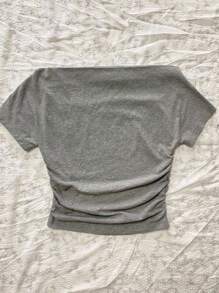 Attitoon 复古风格休闲女式露肩褶皱紧身短袖 T 恤，带有复古汽车和字母印花，适合夏季 - 淺灰色 - 查看 2