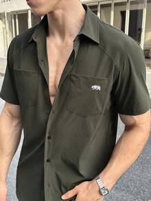 SWAVVY Men's Gold Striped Embroidered Slim Fit Casual Green Shirt - Brown - View 4
