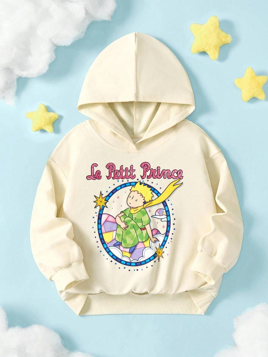 LE PETIT PRINCE X SHEIN Young Girl Colorful Letter, Star, Cloud Cartoon Pattern Dropped Shoulder Loose Hooded Sweatshirt, Light Apricot, Early Autumn - Apricot - View 1