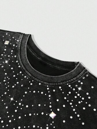 ROMWE Avant Men's Casual Washed Rhinestone Decor Tank Top & Shorts Set (Rhinestone Design Random)