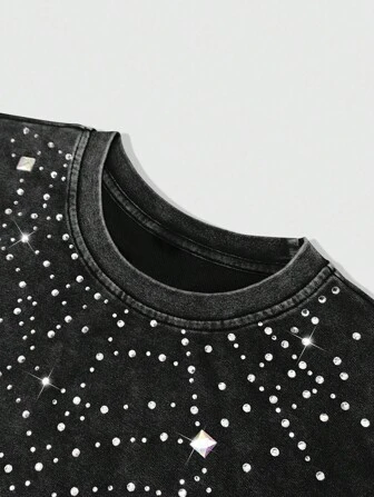 Street Life Men's Casual Washed Rhinestone Decor Tank Top & Shorts Set (Rhinestone Design Random)