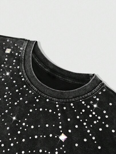 ROMWE Avant Men's Casual Washed Rhinestone Decor Tank Top & Shorts Set (Rhinestone Design Random)