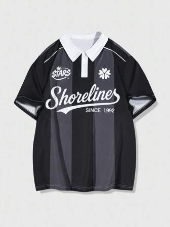 Prep Chemise polo décontractée pour hommes avec manches courtes, rayures, graphique lettrage et col patchwork