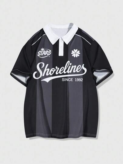 Prep Camisa polo casual para hombre con mangas cortas, rayas, gráfico de letras y cuello de parche