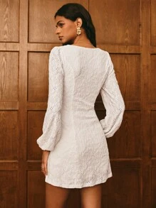 Poéselle Elegant Eyelet Lace Puff Sleeve Mini Dress For Women – White V Neck Brunch Outfiteyelet Lace Dress,White Mini DressPuff Sleeve Dress,Brunch Outfit,V Neck Lace Dress,Elegant White Dress,Fall Wedding Guest Dress - White - View 2