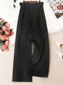 Momelise Plus Size Casual Solid Color Wide Leg Pants Fall Cloth For Women - Black - View 7