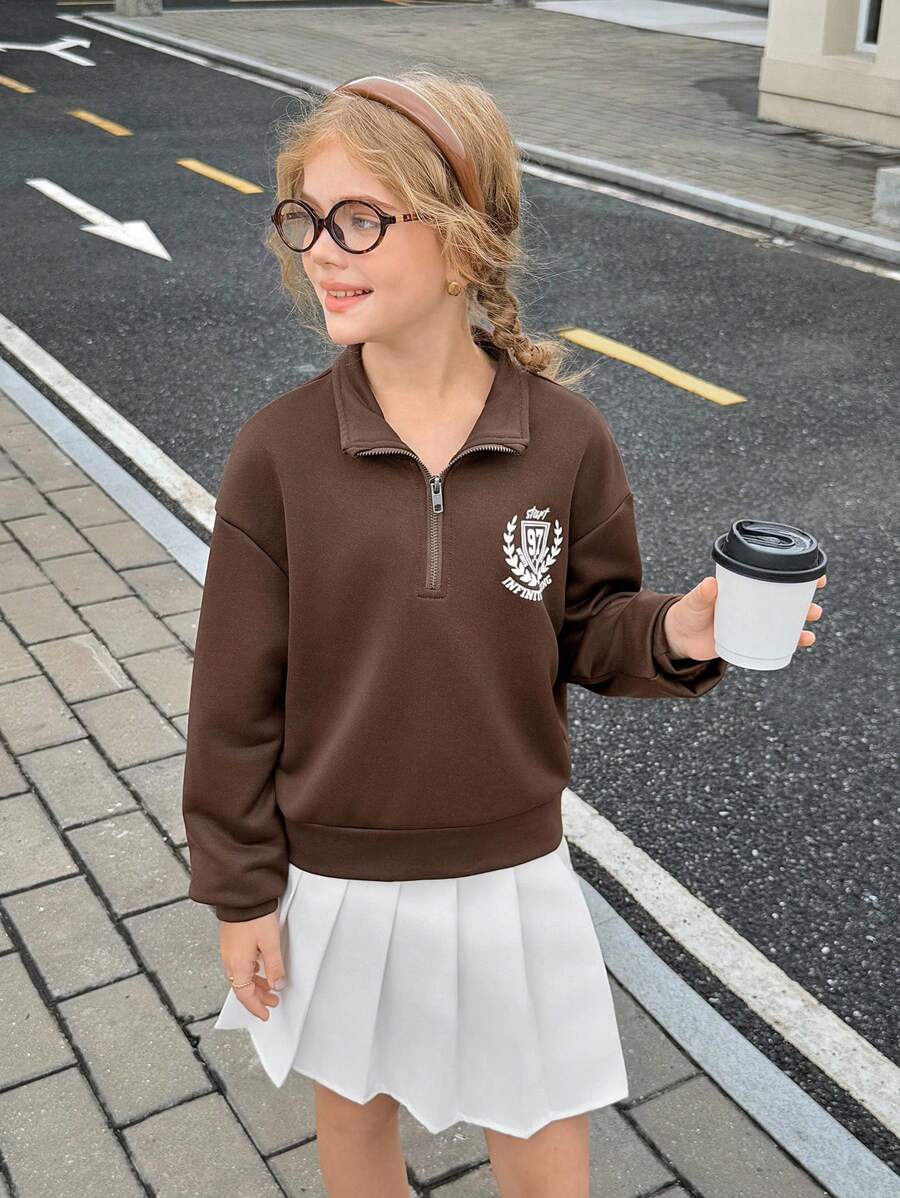 SHEIN Girls' Retro American Style Polo Collar Half Zip Printed Loose Casual Sweatshirt - Coffee Brown - View 1