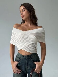 Aloruh Nueva blusa de verano de unicolor, de manga de murciélago, cruzada y hombros descubiertos, de estilo minimalista y transparente, de ganchillo - Blanco - Ver 4