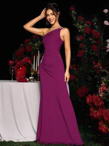 Coutiva Elegant Party Rhinestone Embellished One-Shoulder High Slit Formal Dress - Violet Purple - View 7