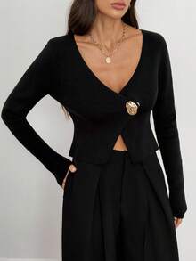 SHEIN Tall 黑色不对称紧密针织开衫 黑色长袖上衣 黑色V领上衣 黑色裹身上衣 罗纹黑色上衣 女士黑色上衣 秋冬黑色V领上衣 - 黑色 - 查看 4