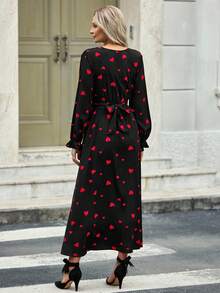 EMERY ROSE Mid-Length Criss-Cross Waist & Neck Strap Design Dress, Valentine's Day - Red and Black - View 2