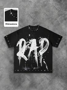 ROMWE MEN Street Life Black Round Neck Short Sleeve Rap Punk Rhinestone Streetwear Style T-Shirt For Men - Black - View 7