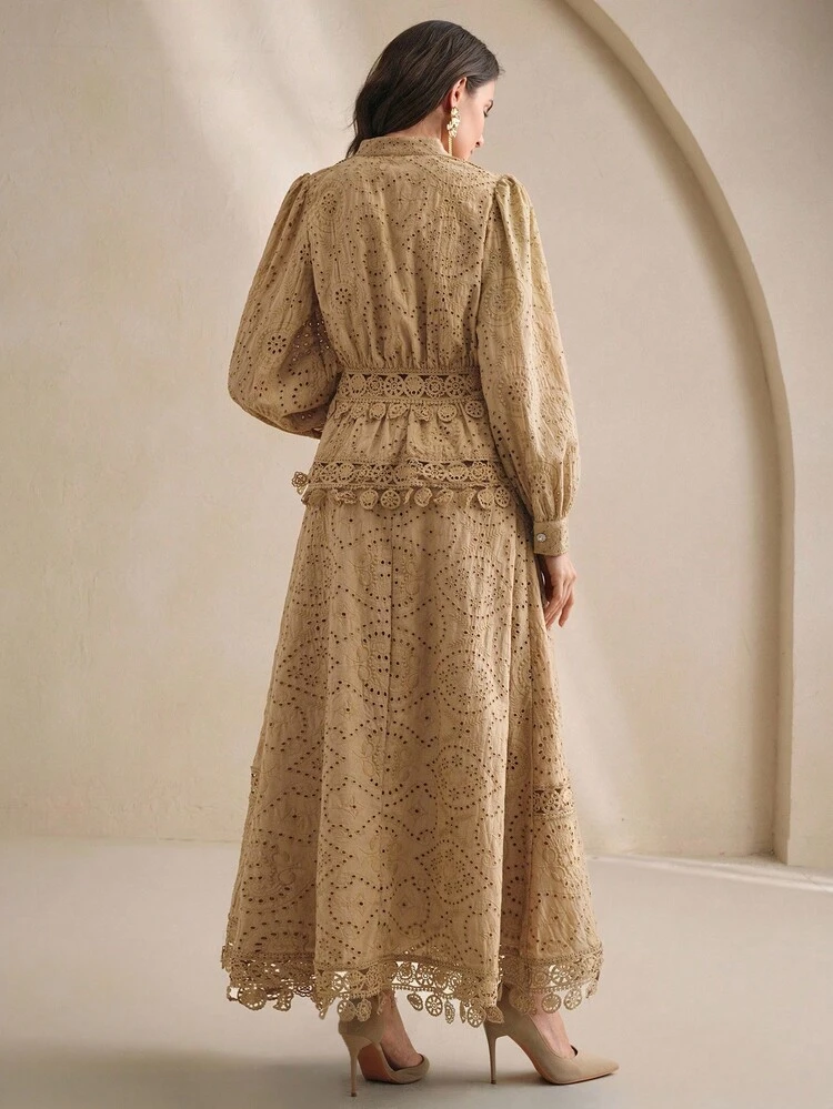 Khaki V-Neck Eyelet Embroidered Contrast Lace Long Sleeve Shirt & Skirt 2 Pieces Set For Women