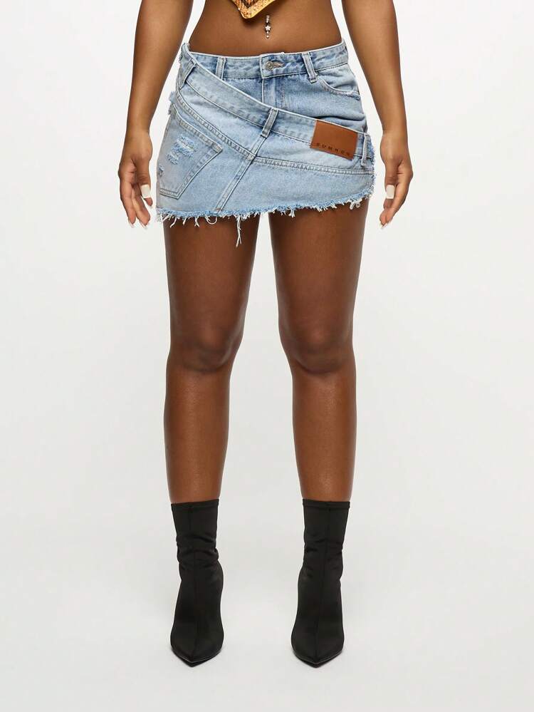 SUMWON Deconstructed Mini Denim Skirt High Waist Raw Hem Light Blue Summer Festival Asymmetric Design Street Style Party Club Fashion Statement Piece