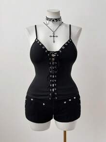 Sunspun 加大码深色哥特风格“度假”孔眼系带装饰背心 - 黑色 - 查看 3