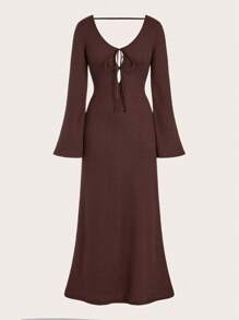 Maija Women's Brown Open Back Dress, Versatile Modern Party/Gathering Outfit With Crisscross Tie Front Cutout, Loose Fit, Suitable For New Year Festival - Brown - View 5