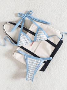 Swim Mod Bộ 2 áo bikini tam giác siêu nhỏ bằng vải jacquard kẻ sọc và quần bikini tam giác cắt cao có thể điều chỉnh dành cho nữ - Nhiều màu - Xem 4