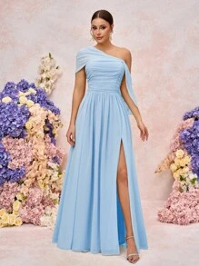 SHEIN Belle 优雅浪漫雪纺不对称露肩褶饰垂袖高开衩 A 字下摆连衣裙，适合婚礼、派对、约会、伴娘 - 淺藍色 - 查看 6