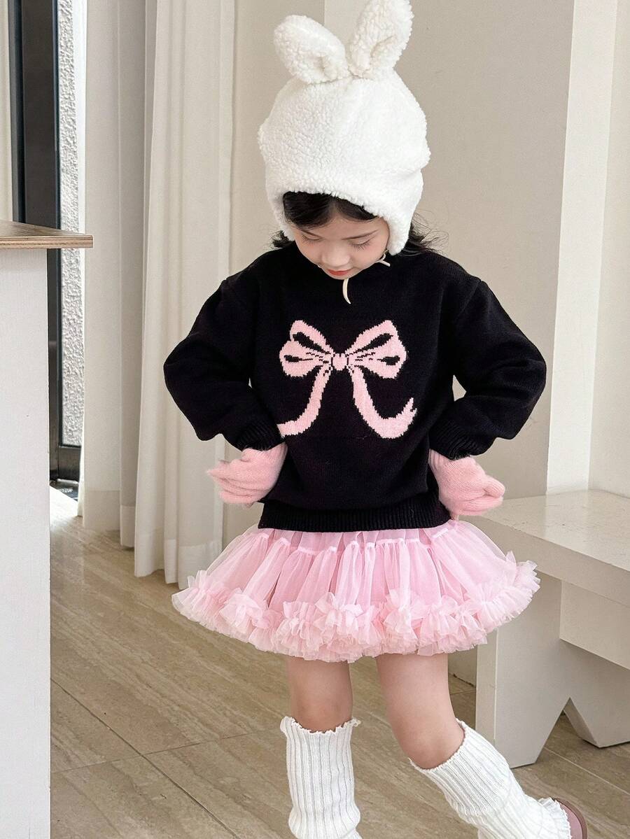 SHEIN Young Girl Casual Pink Bow Decor Pullover Sweater School Top Autumn And Winter Fall - Multicolor - View 1