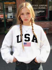 SHEIN Tween Girl Casual Loose Letter Print White Long Sleeve Crew Neck Thick Sweatshirt, Suitable For Autumn & Winter
