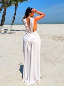 Sunnyshic Vestido dividido con parches brillantes y de unicolor de alta gama para tallas grandes y sexy - Blanco - Ver 2