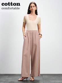 SHEIN LUNE Pantalones casuales de mujer con bolsillos y rayas sueltas, adecuados para el estilo casual de la universidad en primavera y otoño - Marrón - Ver 5