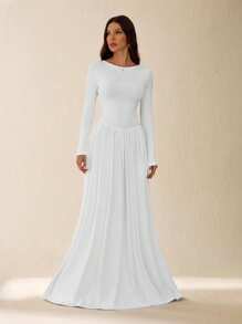 SHEIN Tall Đầm siêu dài tay cổ thuyền gợi cảm màu trắng thời trang thu đông ấm áp đa năng ôm dáng - trắng - Xem 3