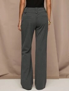 SHEIN BAE Women's Gray Striped Button Design Straight Flared Casual Pants, Business, Casual Trousers,Stockholm Style, Old Money Style, Going Out,Work,Office - Grey - View 2
