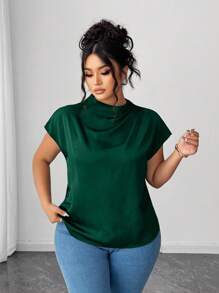 Elenzga 大码女式优雅黑色府绸纯色衬衫，春夏 - 墨綠色 - 查看 3