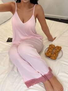 Miss Vinta 蕾丝花边吊带背心和裤子睡衣套装 - 粉色 - 查看 5