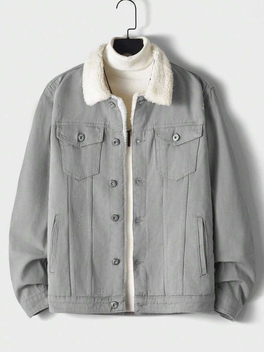 SHEIN Cottnline Men's Denim Jacket With Fur Collar And Lining - Light Grey - View 1